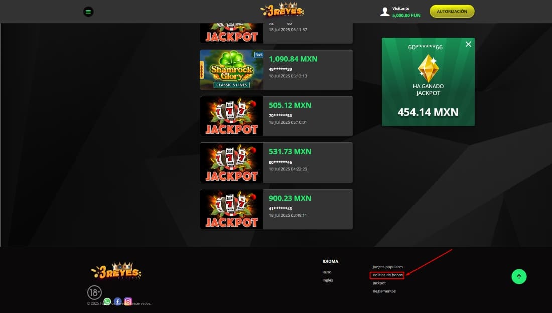 Ganadores de Jackpot en lista vertical con cantidades en MXN y logotipo del casino