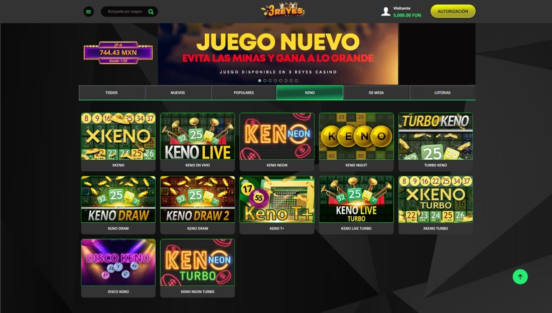 Pantalla con múltiples juegos de Keno, como Keno Live y Turbo Keno, disponibles en 3Reyes Casino