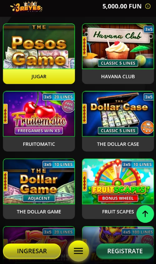 Vista en aplicación móvil mostrando juegos populares como The Pesos Game, Havana Club y más