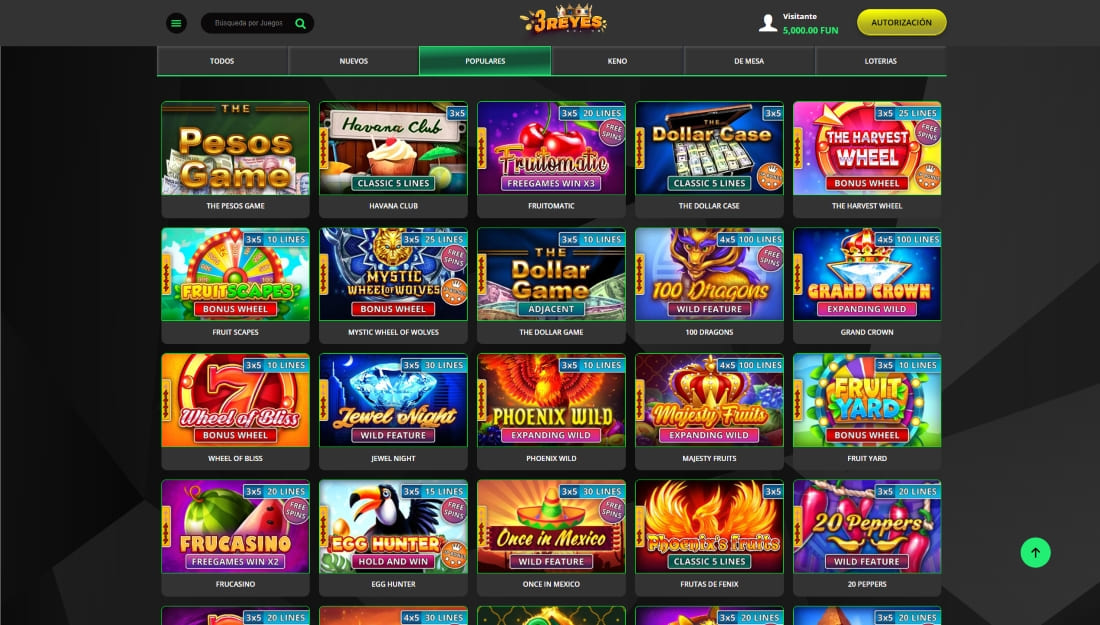 Sección de juegos populares con tragamonedas como Phoenix Wild y Jewel Night en 3Reyes Casino