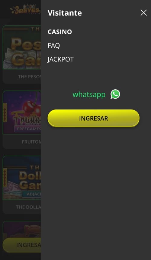 Menú lateral en aplicación móvil con opciones de casino, FAQ, jackpot e ingreso mediante botón