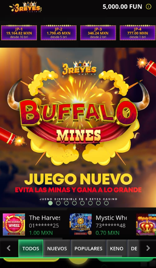 Pantalla principal en móvil con promoción de nuevo juego Buffalo Mines y jackpots visibles