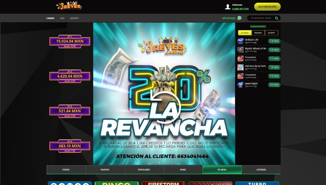 Promoción del 20% de reembolso en recargas con logotipo 3Reyes y contacto por WhatsApp