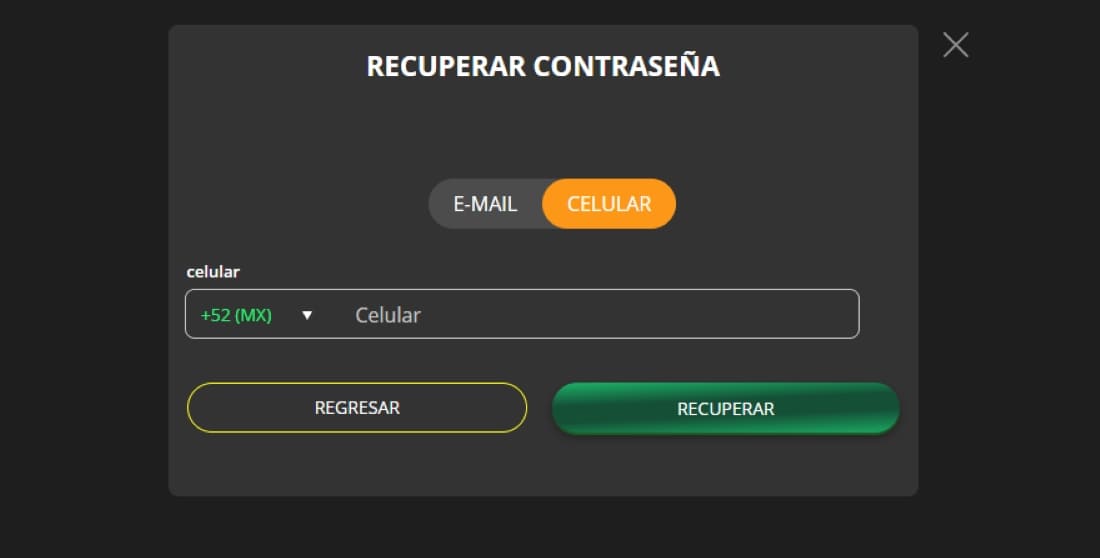 Ventana para recuperar contraseña con opciones para e-mail o celular en 3Reyes Casino