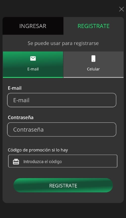 Pantalla de registro en app móvil con campos para e-mail, contraseña y código promocional