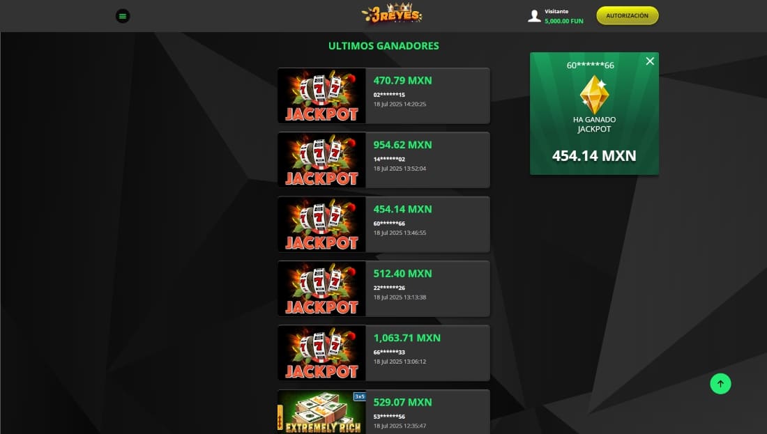 Pantalla de ganadores recientes con montos en pesos mexicanos y logotipo Jackpot